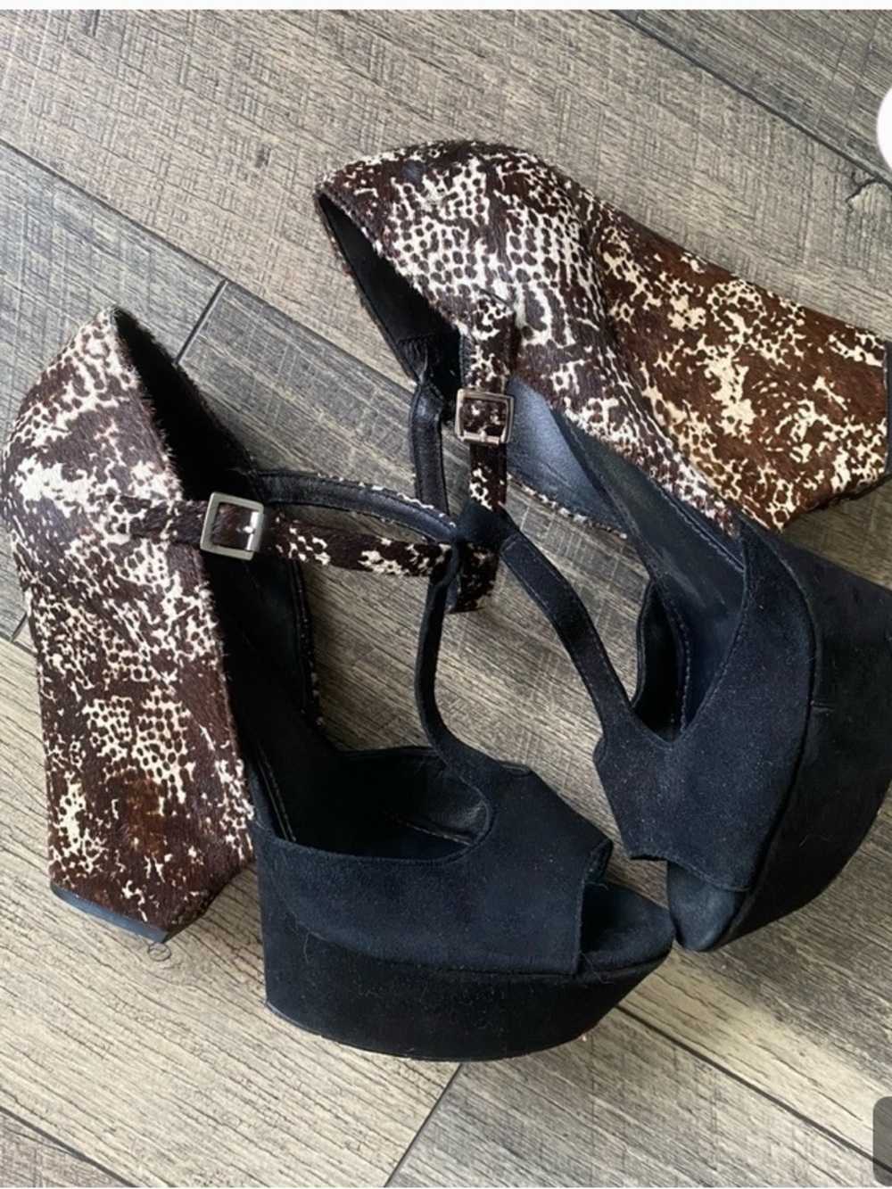 Rachel Zoe Black Suede Platform Wedges with Brown Animal-Print Heel